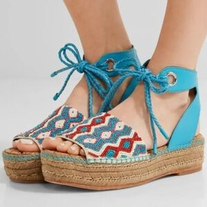 SAM EDELMAN "NEERA"  BLUE & RED BEADING ESPADRILLE WEDGES SZ 6.5 BOHO COASTAL